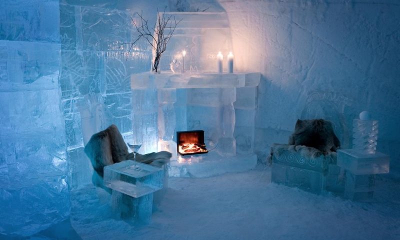 Carved opening in a wall of ice blocks
