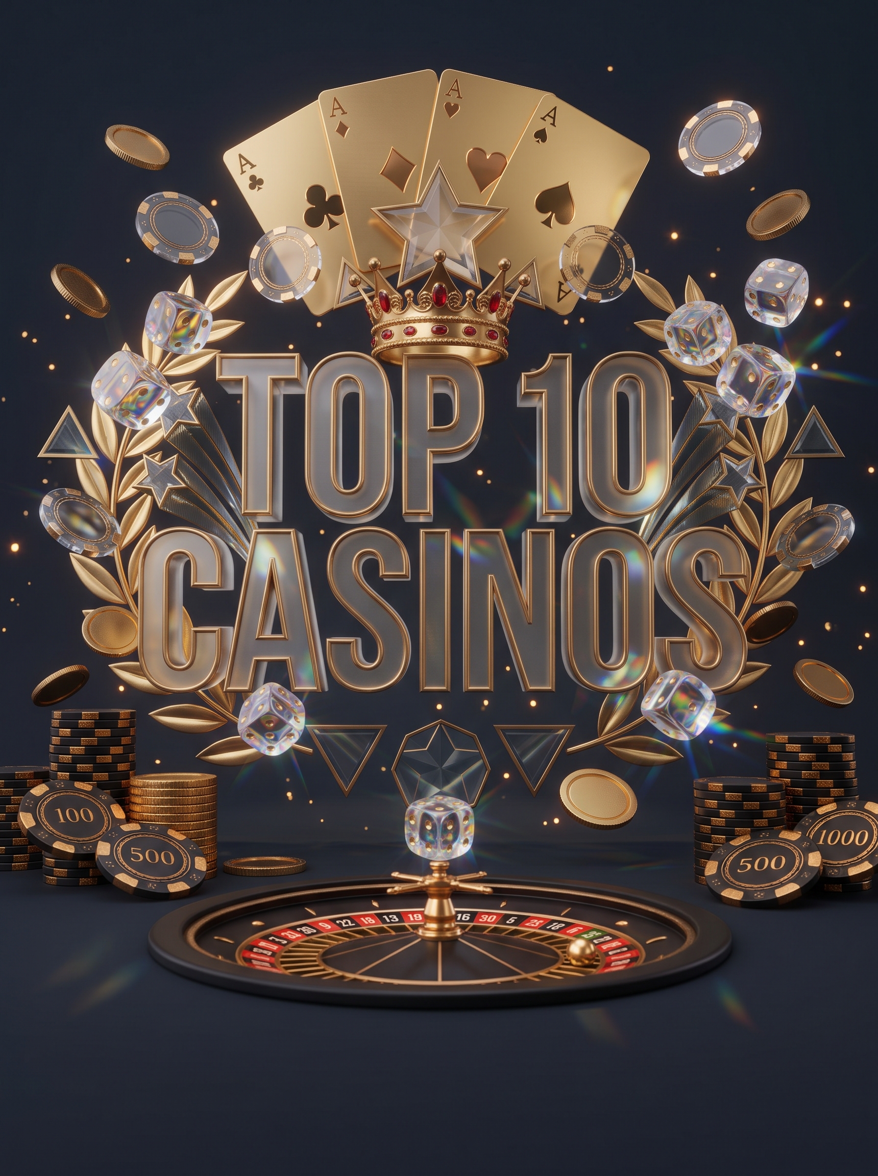 Gold crown, cards and roulette against a dark night field